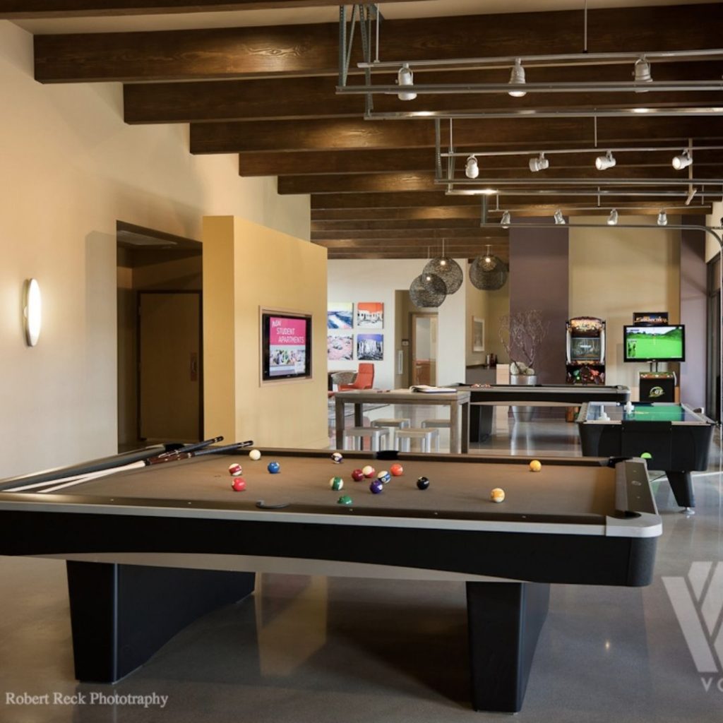 Faux wood beams in a commercial space