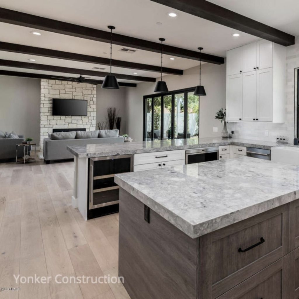 Modern kitchen with faux wood ceiling beams