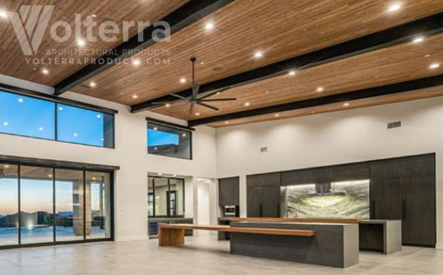 Open concept kitchen and living room with Volterra faux wood ceiling beams