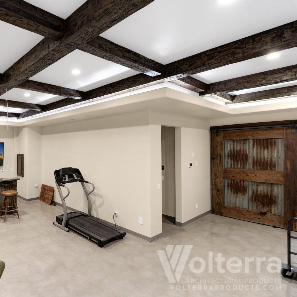 rec room with wood beams