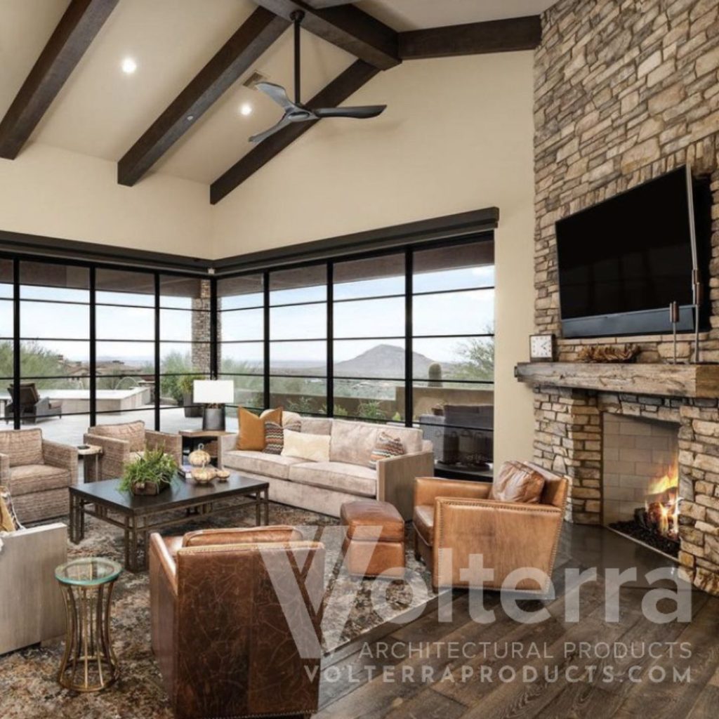 living room with wood beams